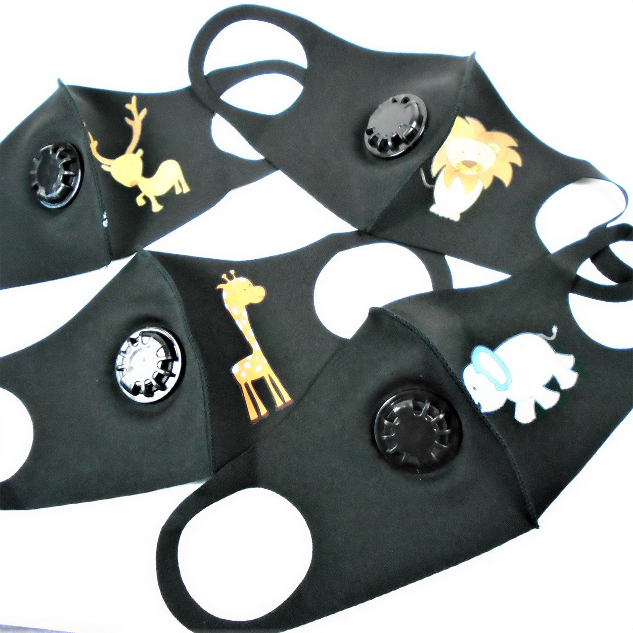 Black Face Masks for Kids  Vent Included Neoprene w/ Animal Print 12 PACK 70001BMV